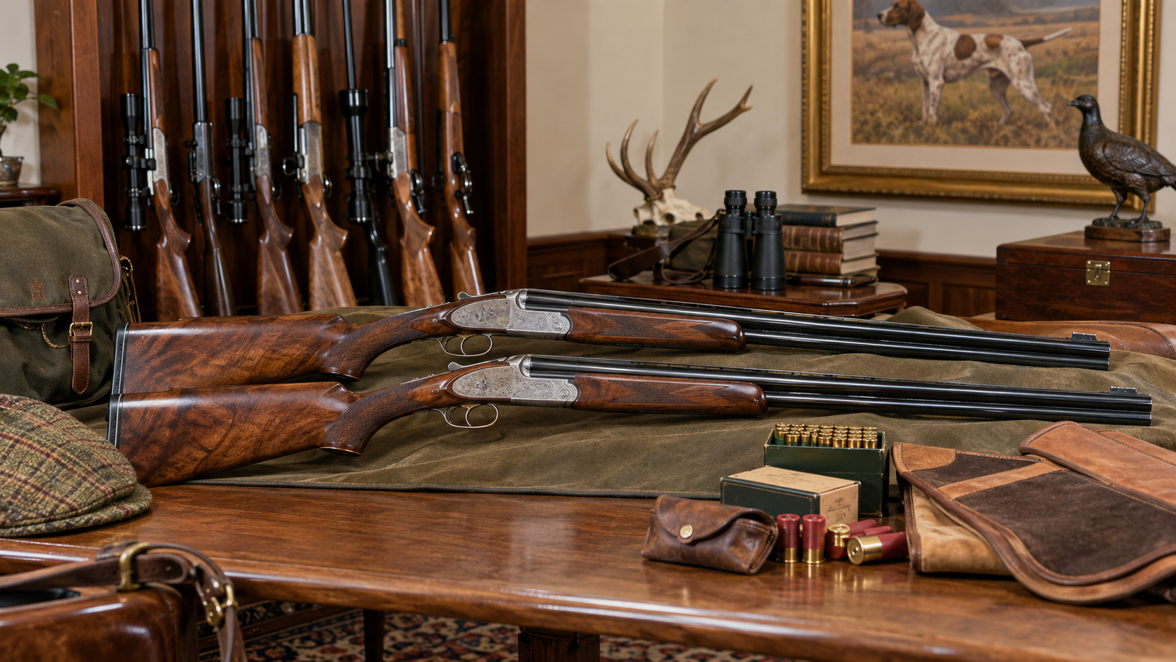 A collection of hunting rifles and shotguns displayed on a wooden table, with ammunition, binoculars, and hunting accessories in a room decorated with artwork and antlers.
