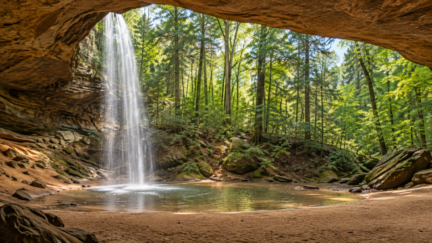 A view from inside a cave looking out at a waterfall flowing into a small pond surrounded by a green forest.