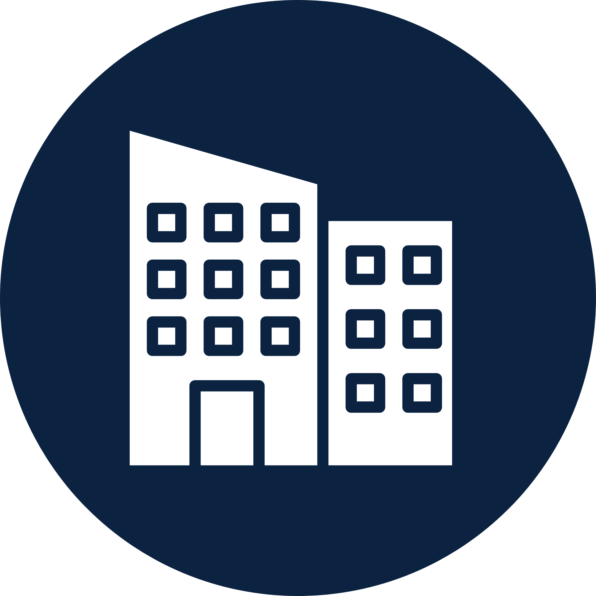 Illustration of buildings within a large dark blue circle logo.