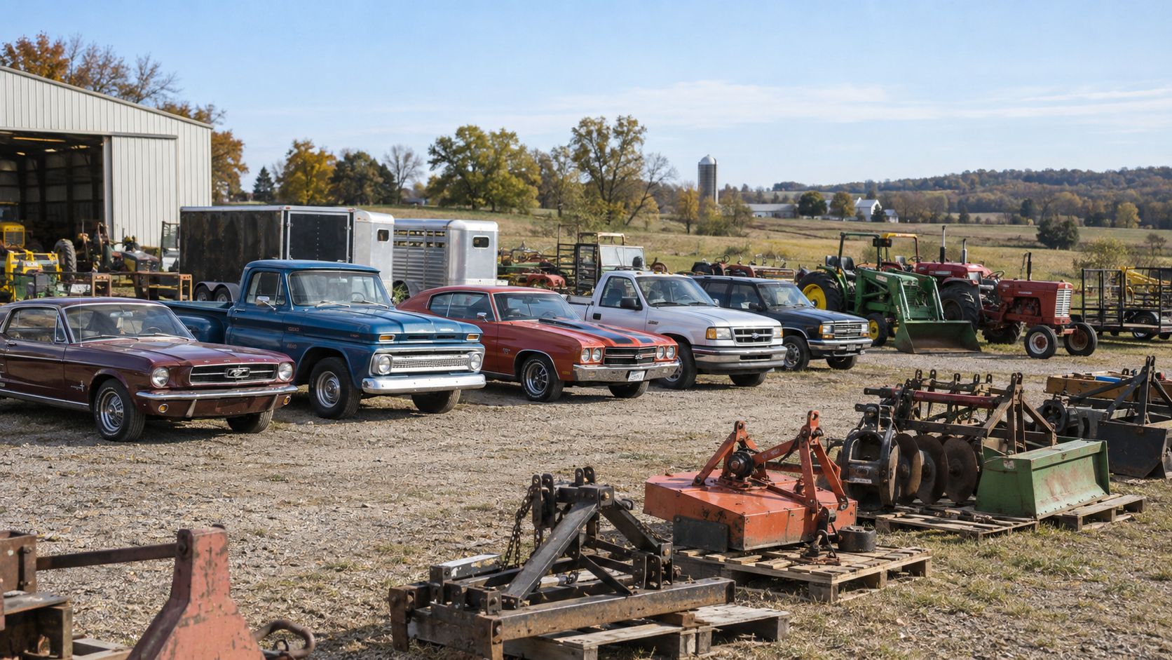A collection of vintage cars, tractors, and farm equipment outdoors near a barn with trees and fields in the background on a clear day.