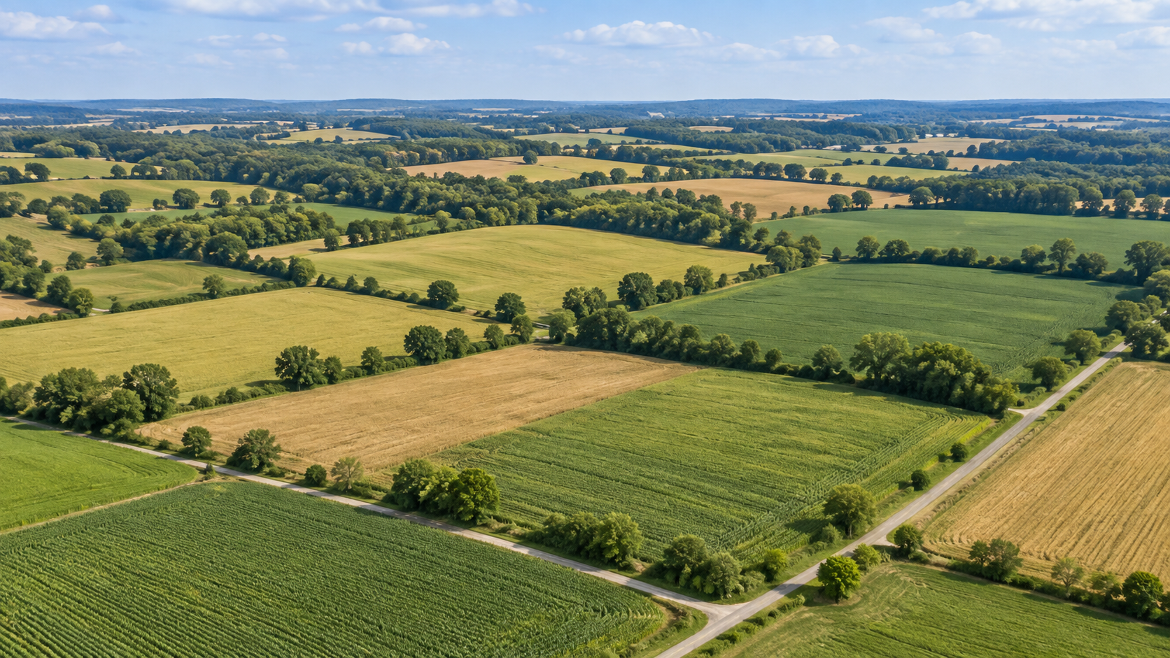 Aerial view of a patchwork of green farmland and fields with trees and roads under a partly cloudy sky.