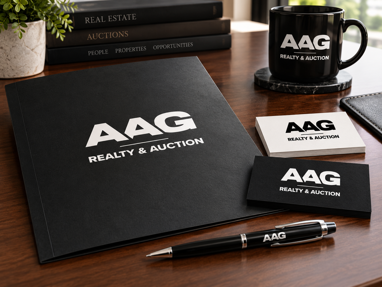 Business branding materials for AAG Realty & Auction on a wooden desk, including a large black folder, business cards, a pen, a black mug with the company logo on a marble coaster, and a stack of books, with a background of a window and greenery.