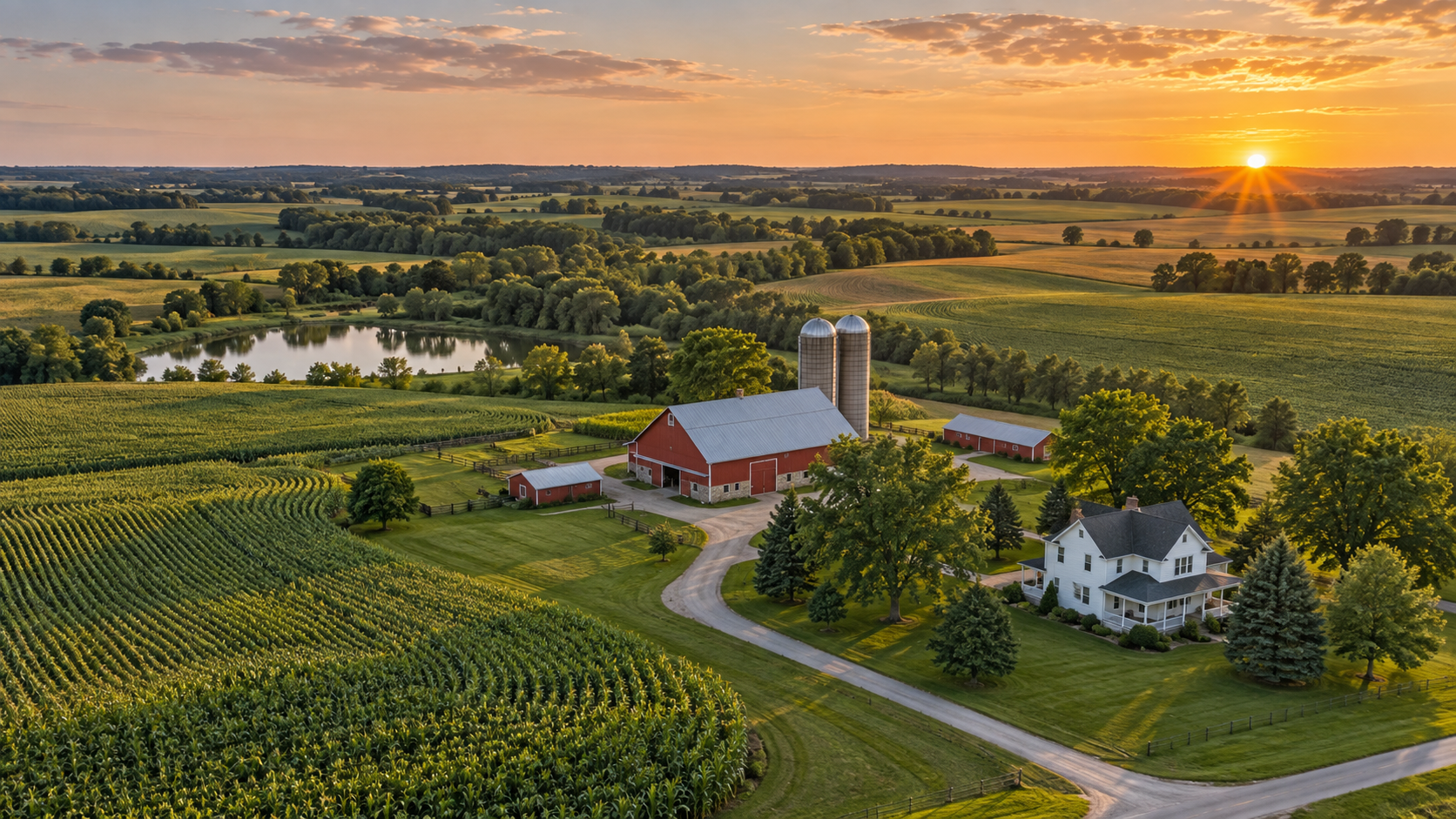 A farm landscape at sunset showing a red barn, silos, a white house, green fields, a pond, and rolling hills.