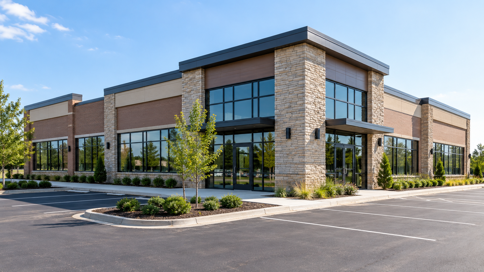Modern commercial building with large glass windows, brick and stone exterior, surrounded by a landscaped parking lot with trees and bushes, under a clear blue sky.