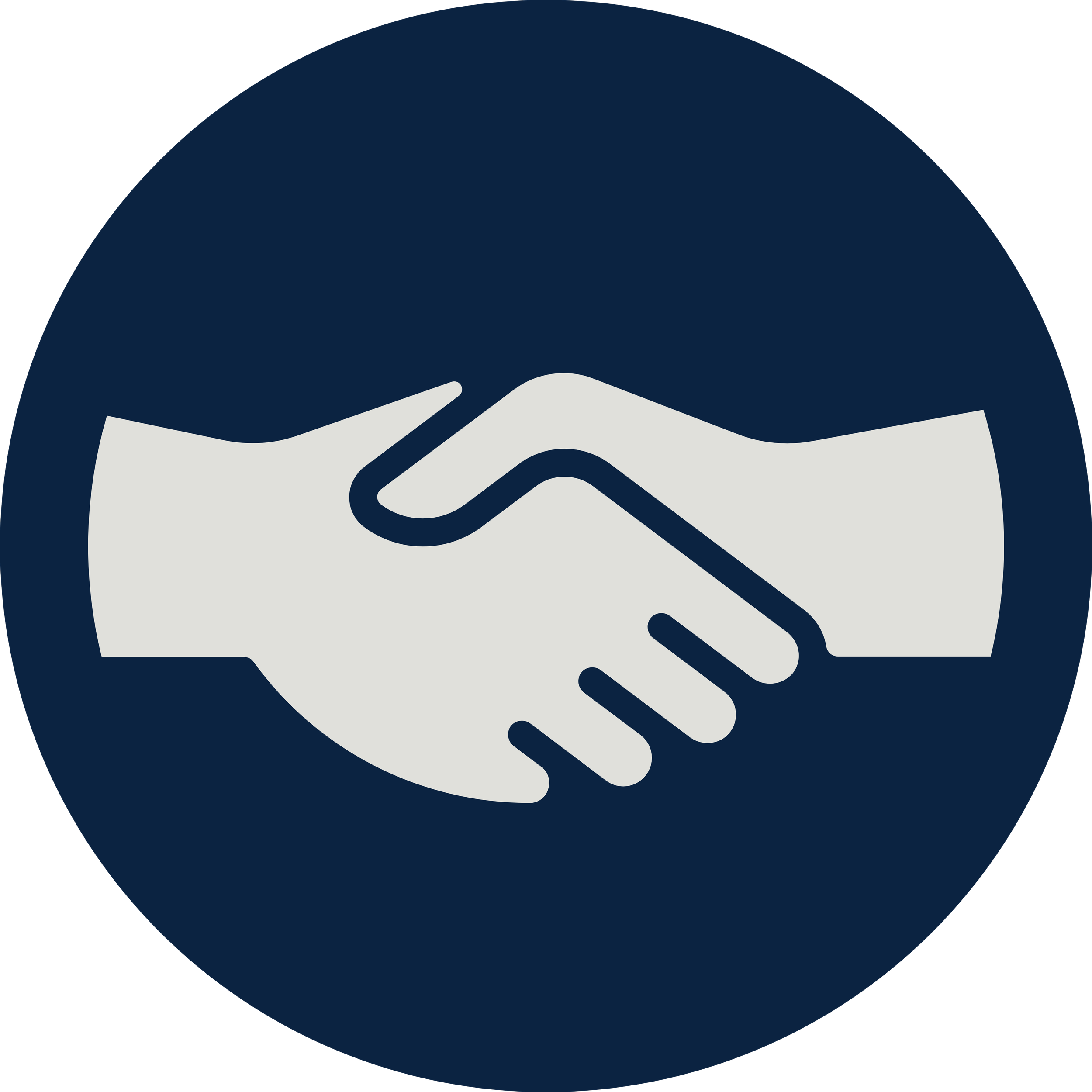 Illustration of a handshake inside a circular badge with a dark blue background