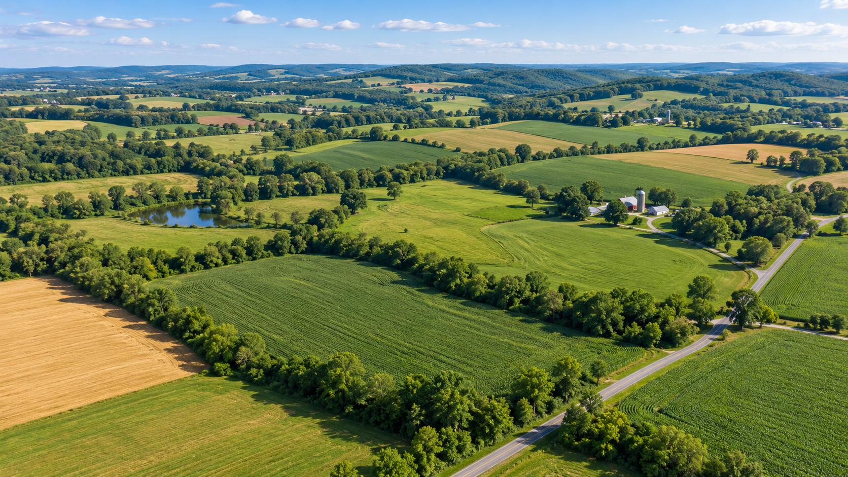 Aerial view of a lush green countryside with fields, trees, a small pond, farm buildings, and winding roads under a blue sky with scattered clouds.