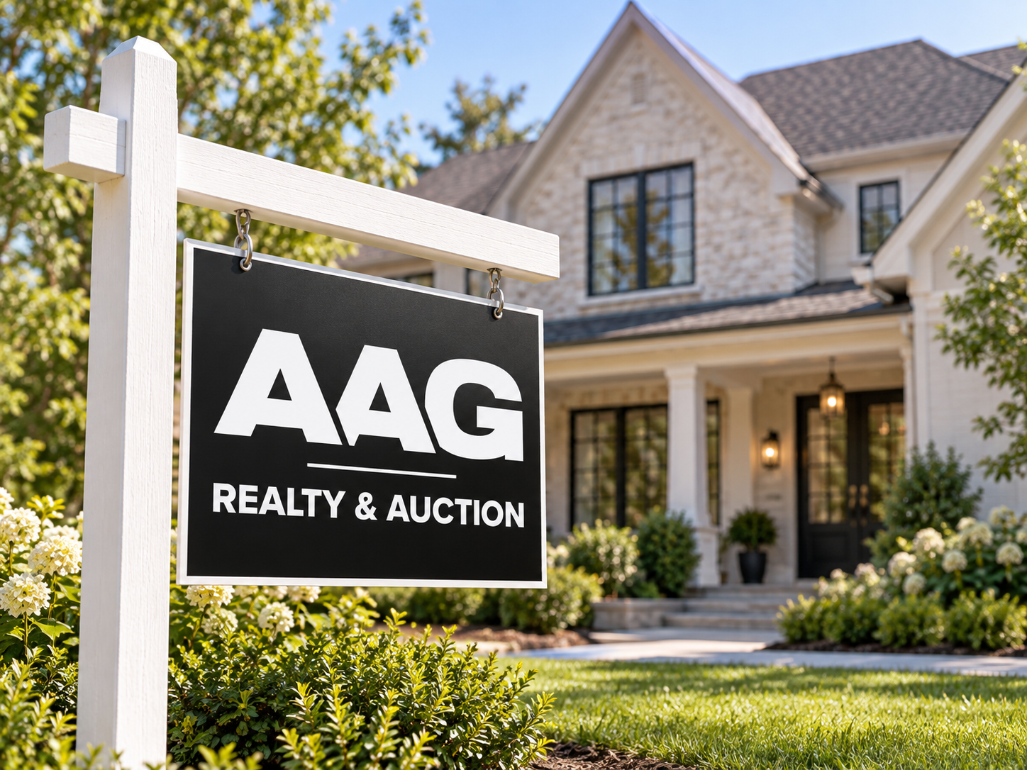 Sign for AAA Realty & Auction in front of a large house with a well-maintained lawn and garden, under a clear blue sky.