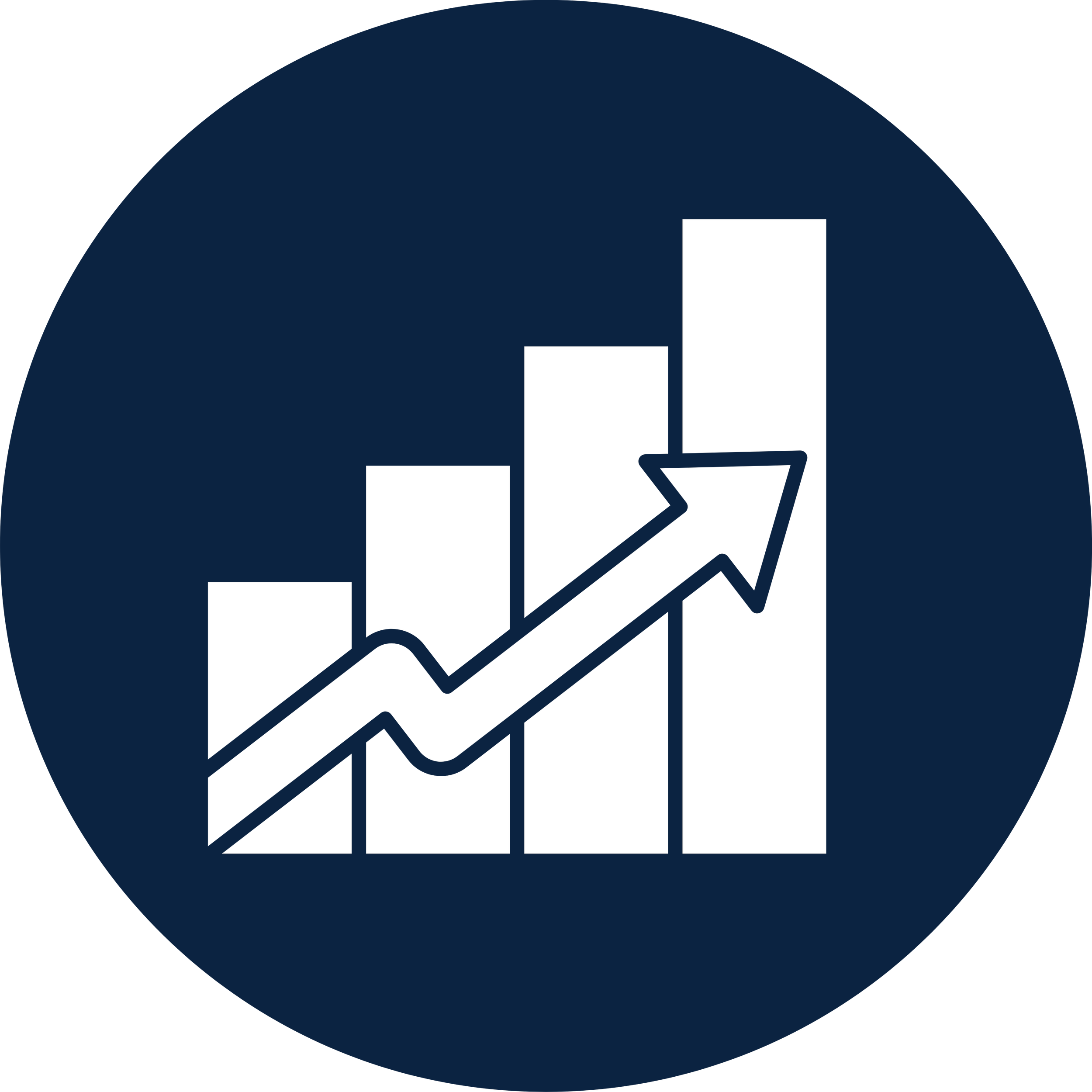 A dark blue circular icon with a bar chart and a line graph inside, and a pencil overlapping the line graph.