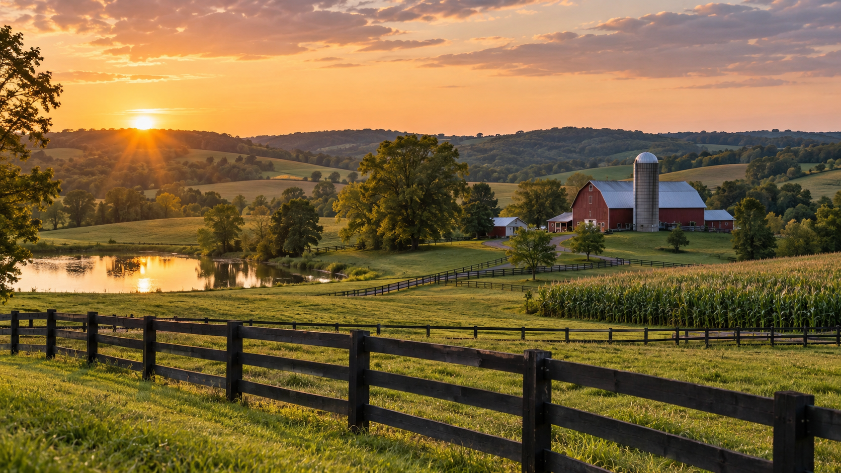 Sunset over a rural farm landscape with a red barn, silo, pond, green fields, and rolling hills.
