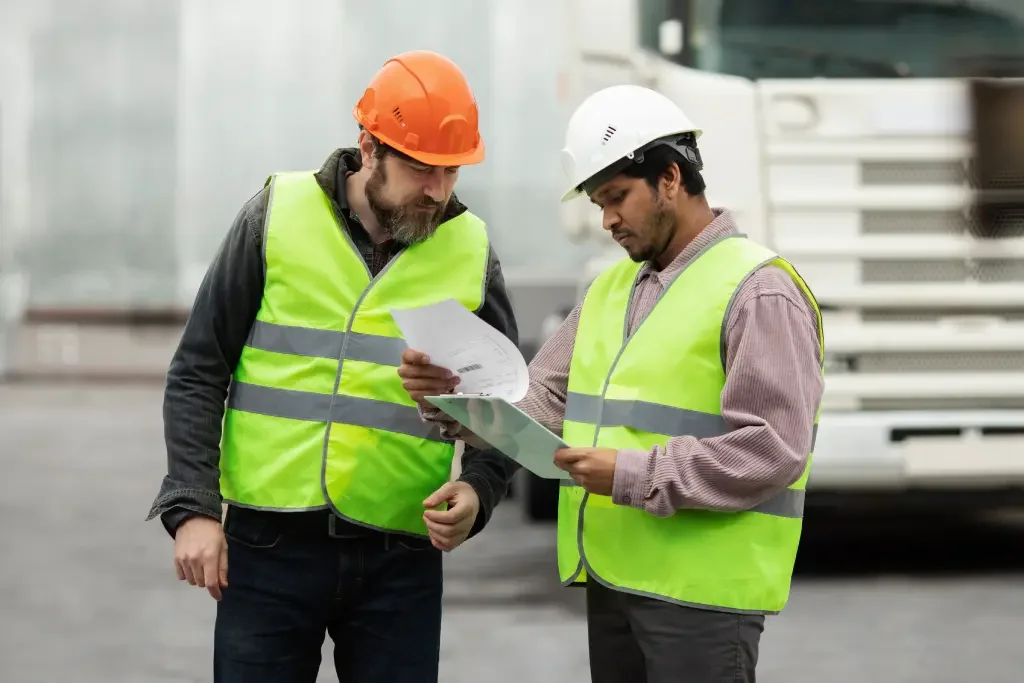 Two construction workers wearing fluorescent yellow vests and hard hats, reviewing papers on a construction site with a truck in the background.