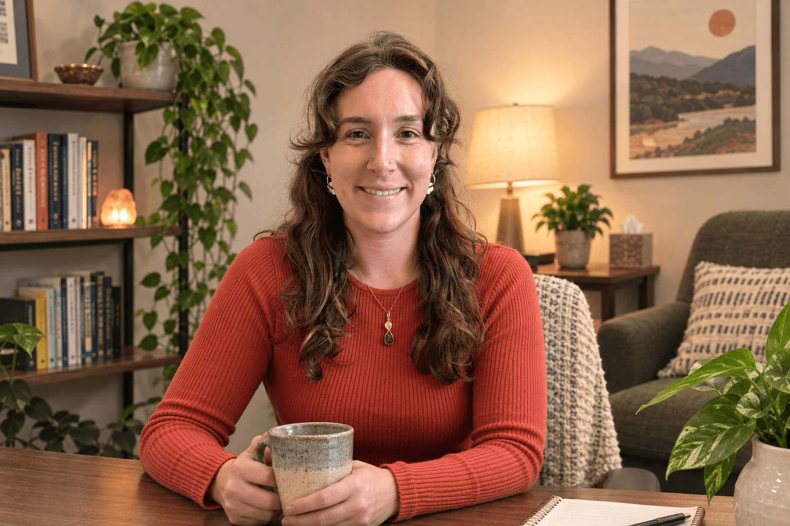 Therapist in Bellingham, WA, holding mug and smiling warmly
