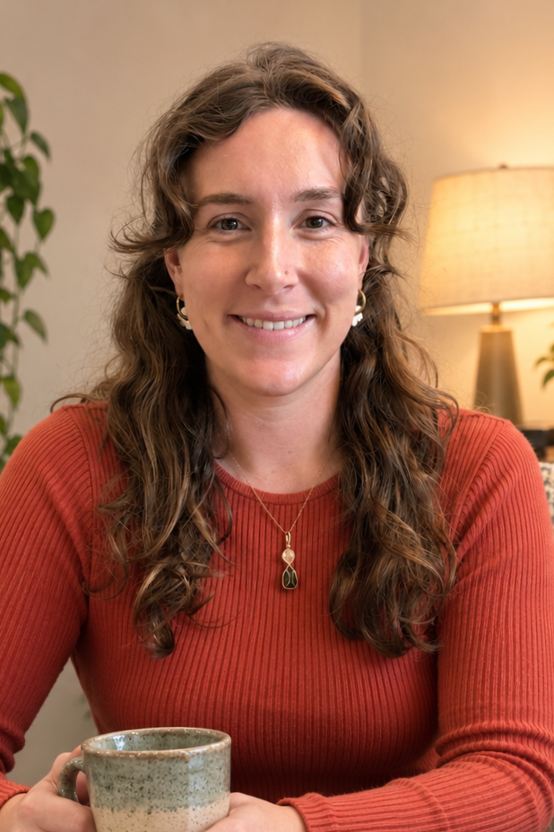 A trauma-therapist in Bellingham, WA, smiling warmly in office