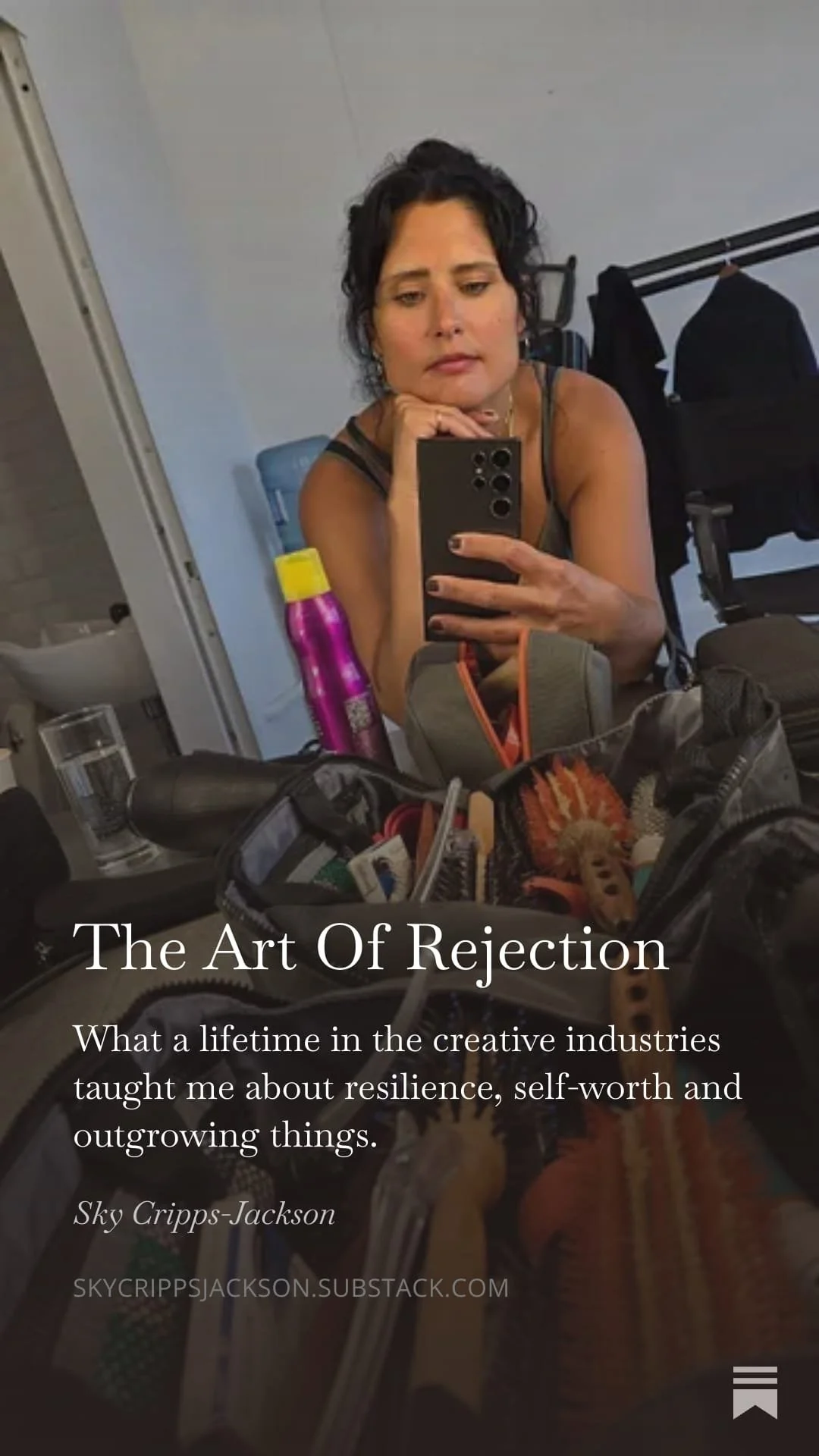 Portrait of Sky Cripps-Jackson reflecting on resilience, creativity and personal growth after two decades in creative industries. Substack article