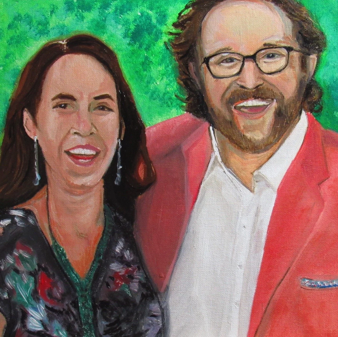 Painting of a woman with long dark hair and earrings and a man with glasses and a beard, both smiling, dressed in colorful clothing, against a green background.