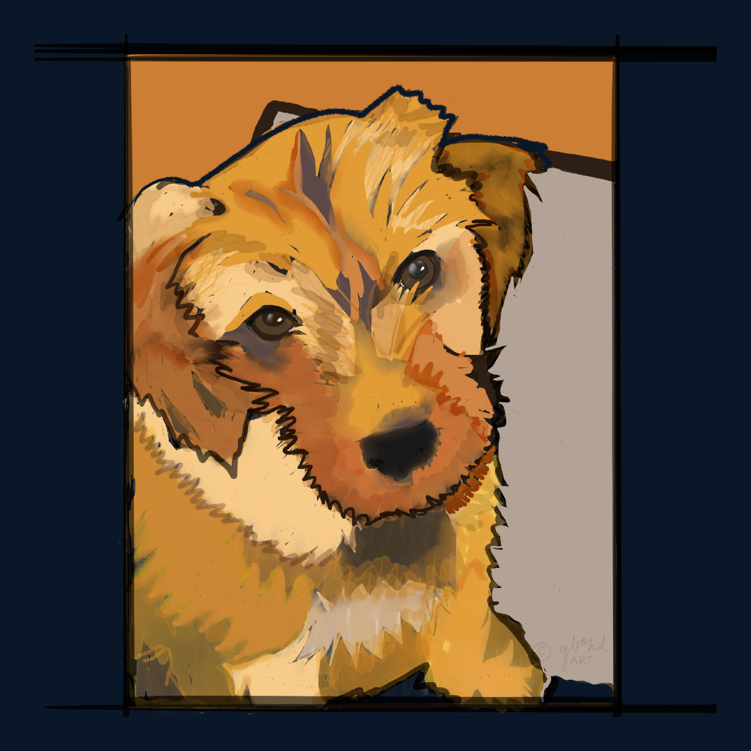 A colorful digital painting of a mini golden doodle with a focus on its face and expressive eyes, in an abstract artistic style.