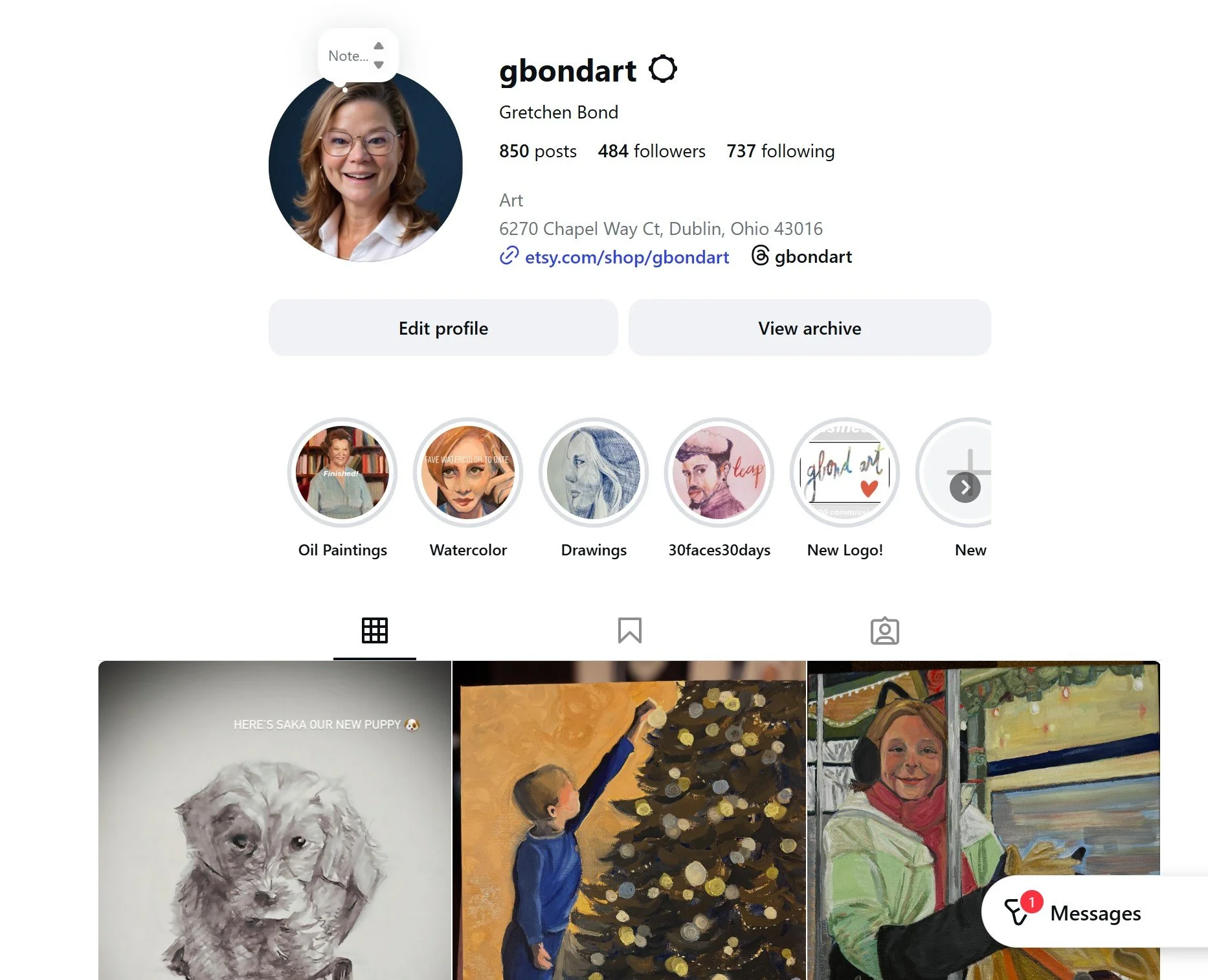 Screenshot of Gretchen Bond's social media profile, showing her profile picture, username, bio, location in Dublin, Ohio, and a collection of art thumbnails beneath.