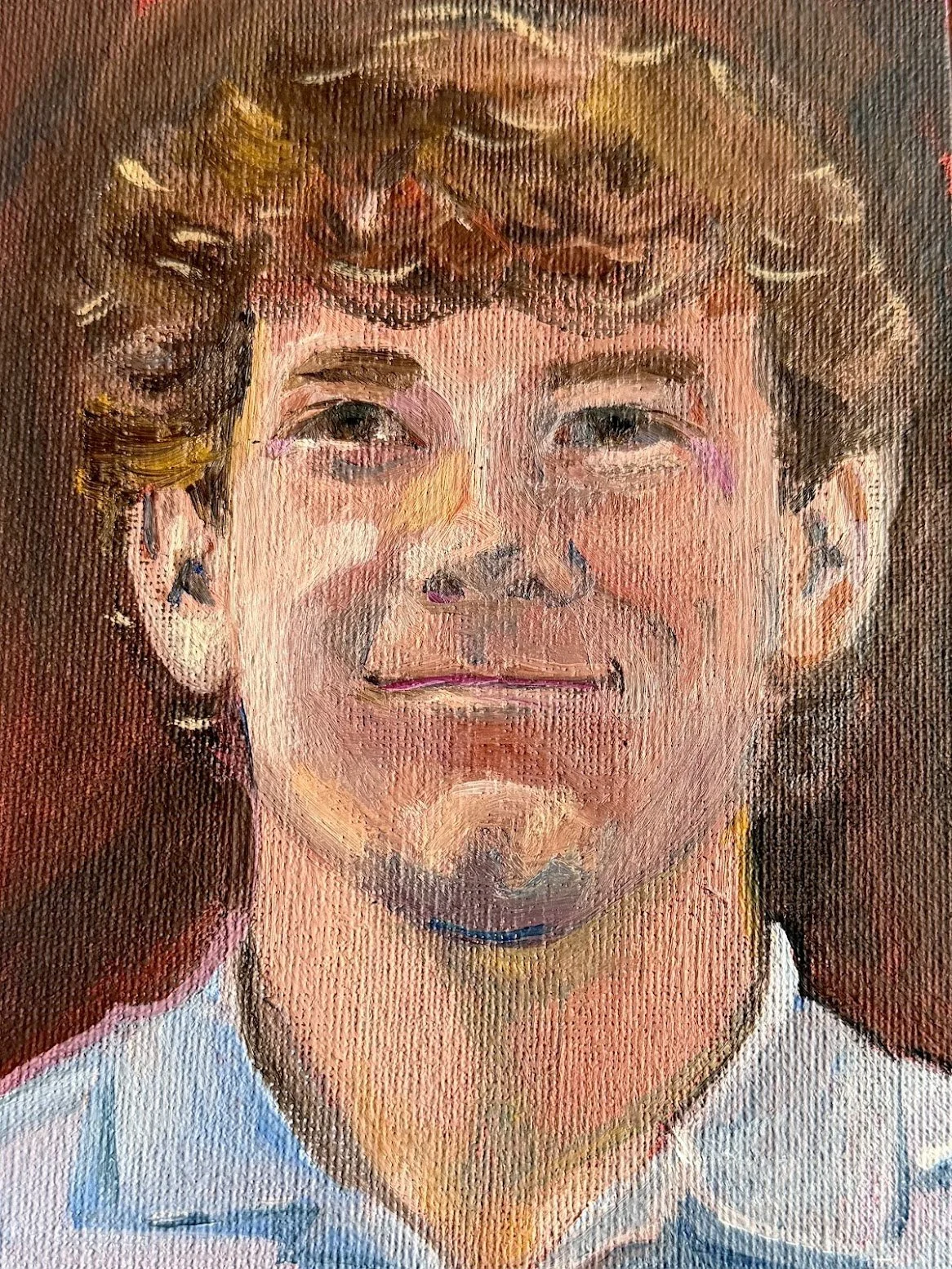 Close-up of a painted portrait of a teen boy with curly hair and light skin.