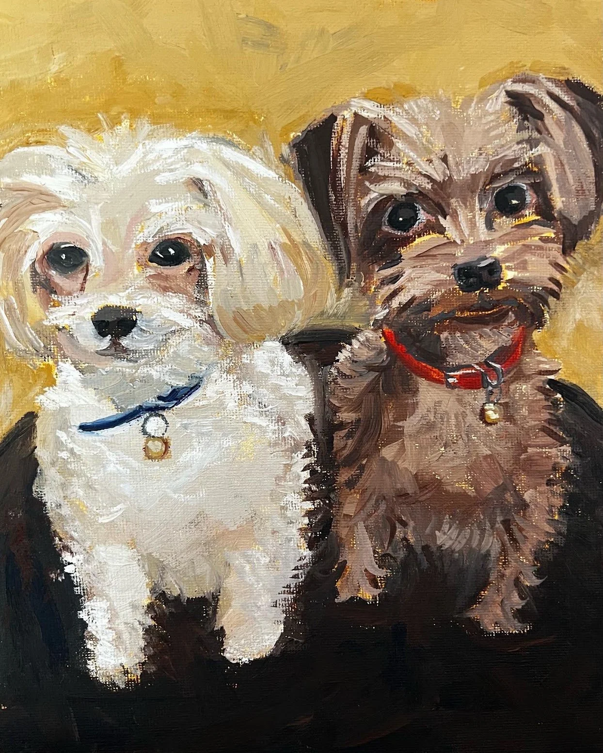Painting of two adorable dogs, one white with floppy ears and a blue collar, the other brown and gray with a red collar, both facing forward against a mustard yellow background.