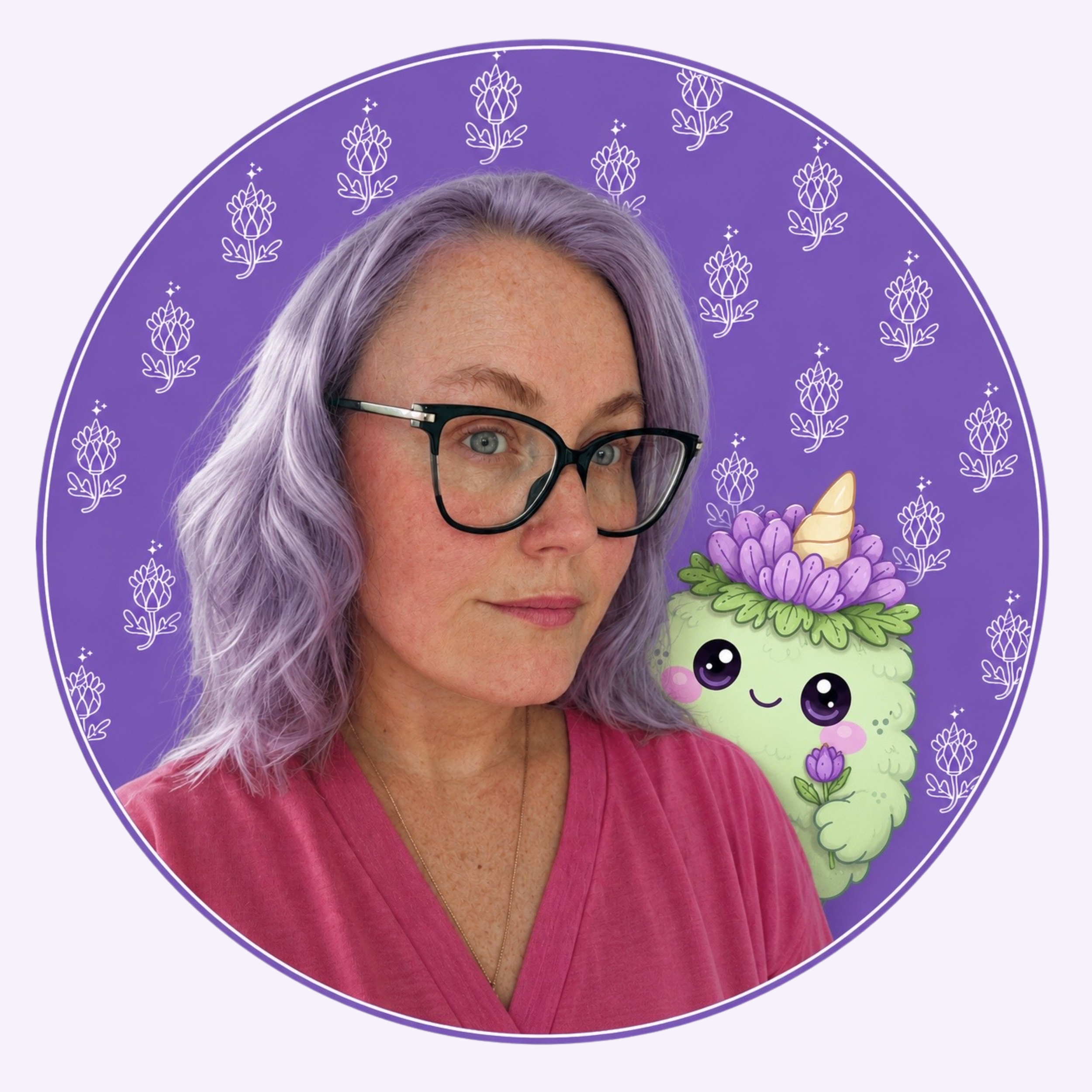 Close-up of a woman with light purple hair, wearing glasses, set against a decorative purple background with white floral patterns and an illustrated cake with grapes.