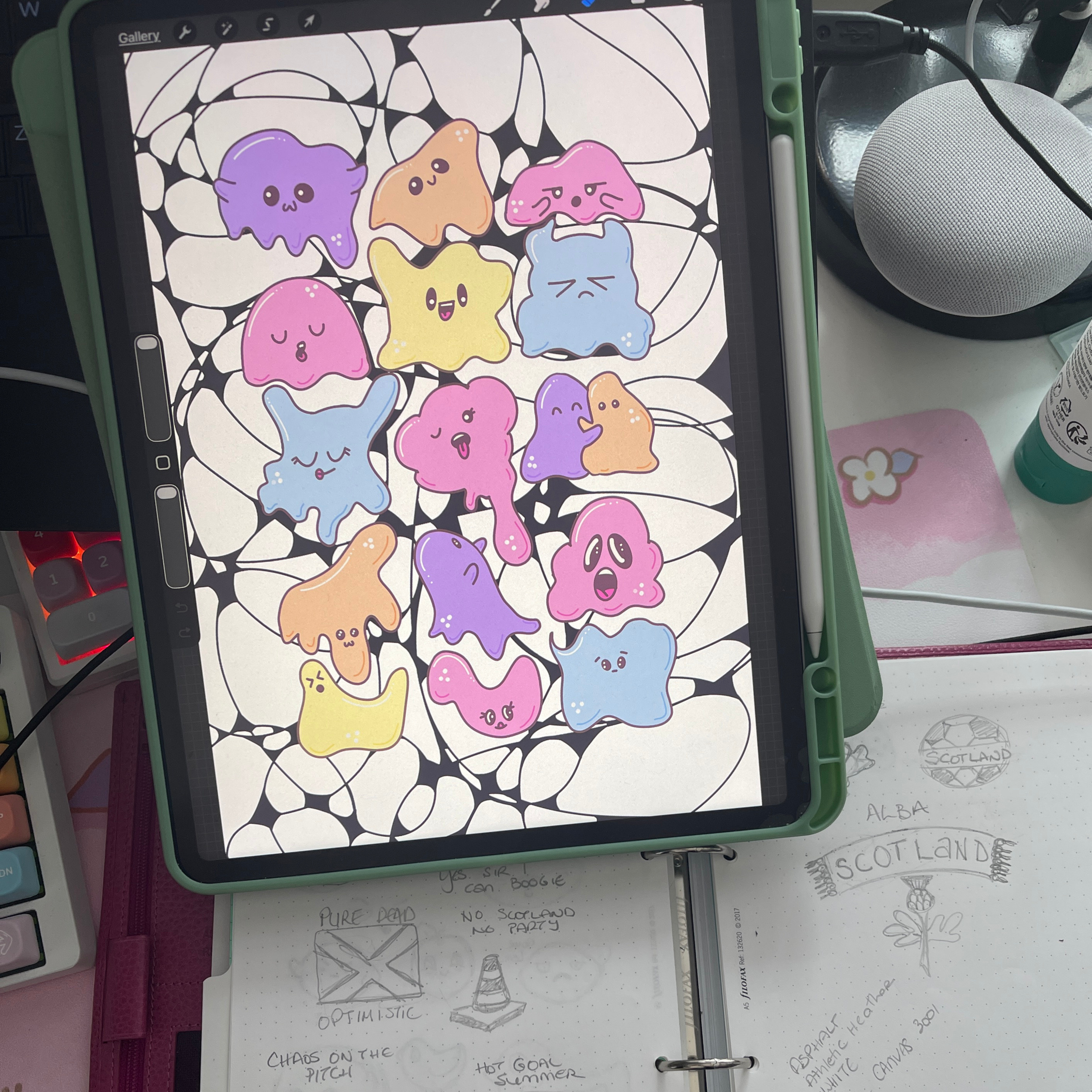 Digital drawing on a tablet showing colorful cartoon-like slime characters with various facial expressions and colors, on a black and white abstract background.