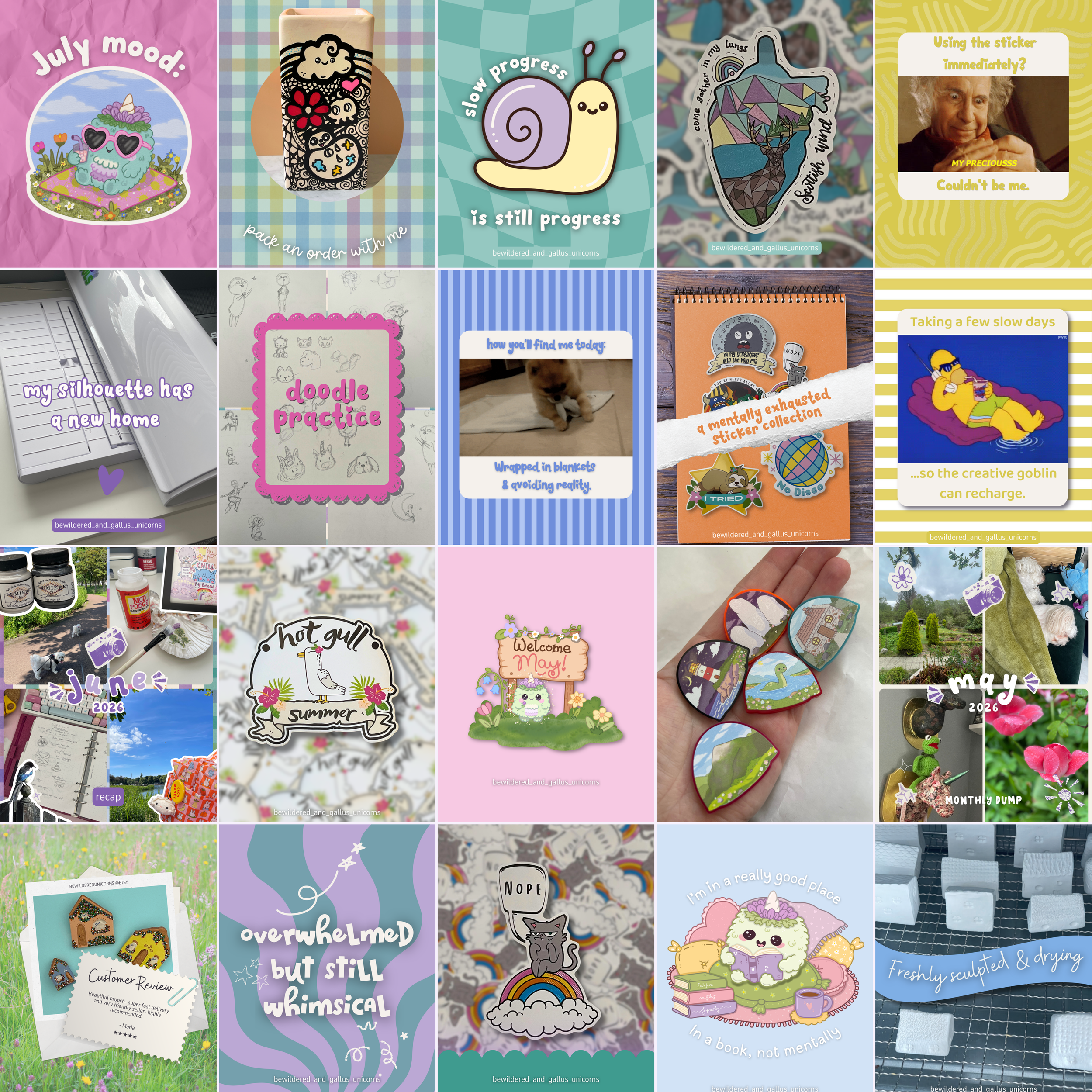 A collage of colorful stickers, illustrations, and photographs. Some include a fluffy creature with sunglasses, a purple snail with a smiling antenna, a geometric reindeer sticker, a humorous meme with a man, a puppy, and various illustrated characters and scenes celebrating different months, moods, and activities.