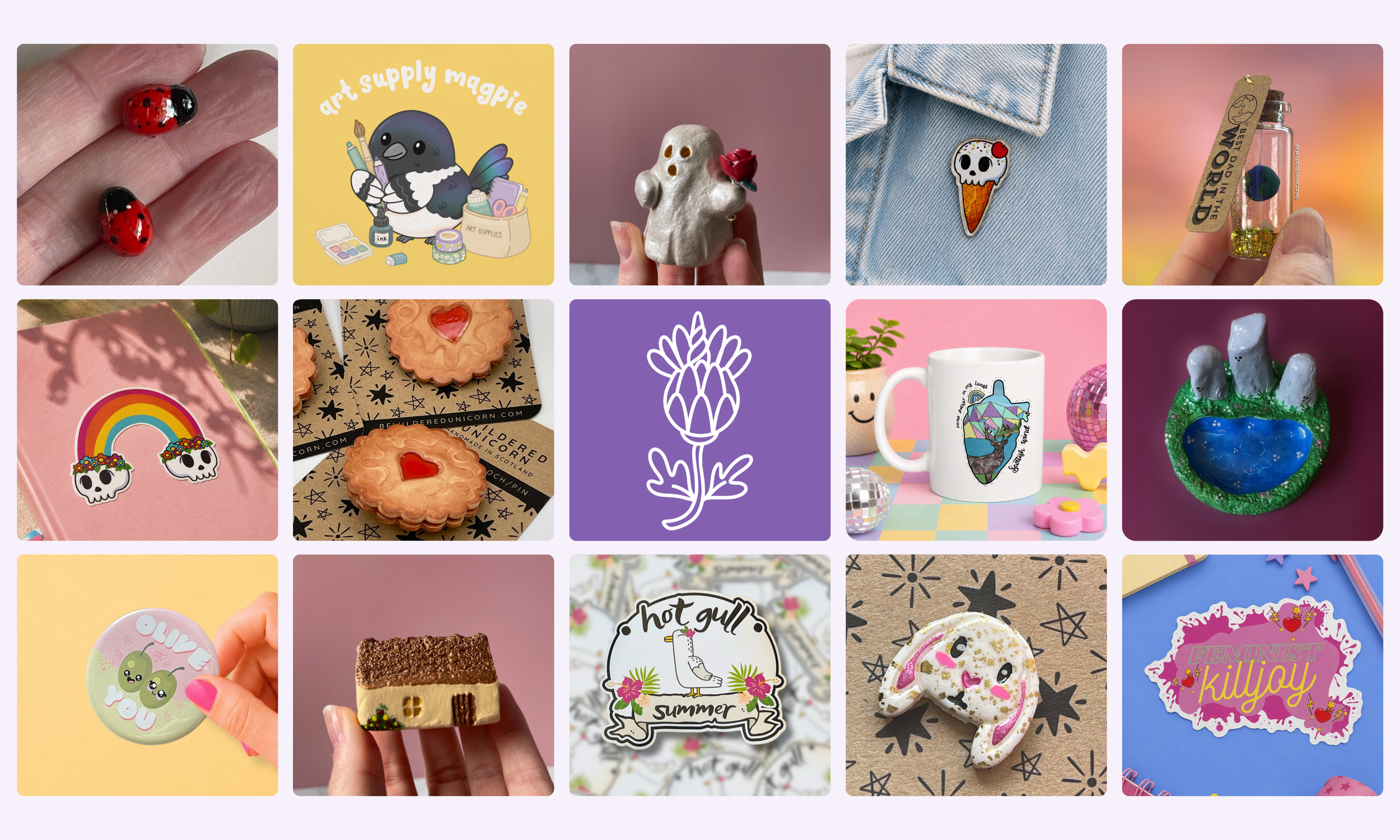 A collage of various colorful items including ladybug nail art, art supply stickers, a small sculpture, enamel pins, a perfume bottle, a sticker of a rainbow with skulls, cookies, a mug with a cactus design, a painted rock, and decorative stickers and crafts.