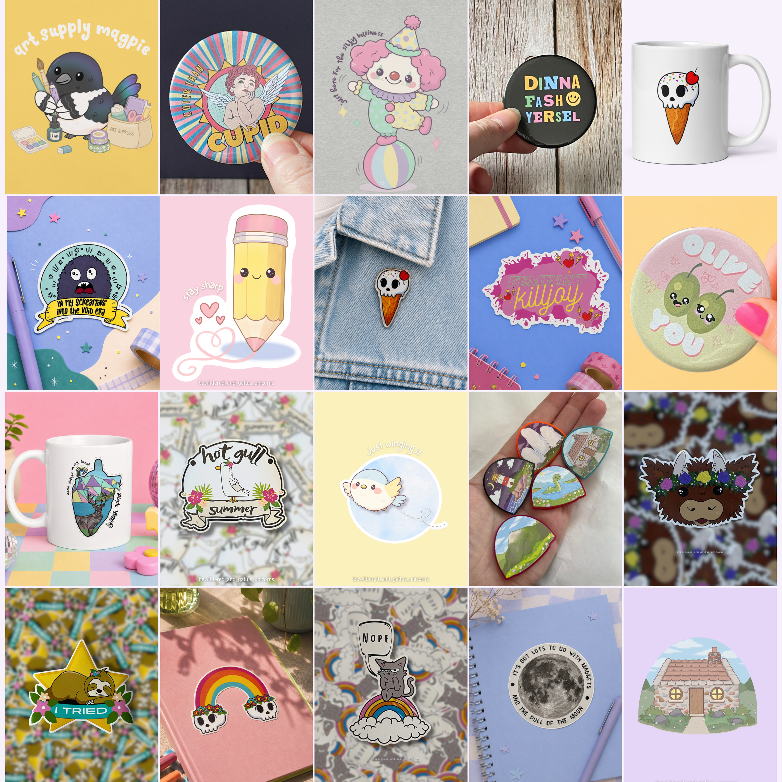 Collage of colorful stationery items, stickers, and art supplies including mugs, notebooks, pins, and decorative elements, with a playful and whimsical theme.
