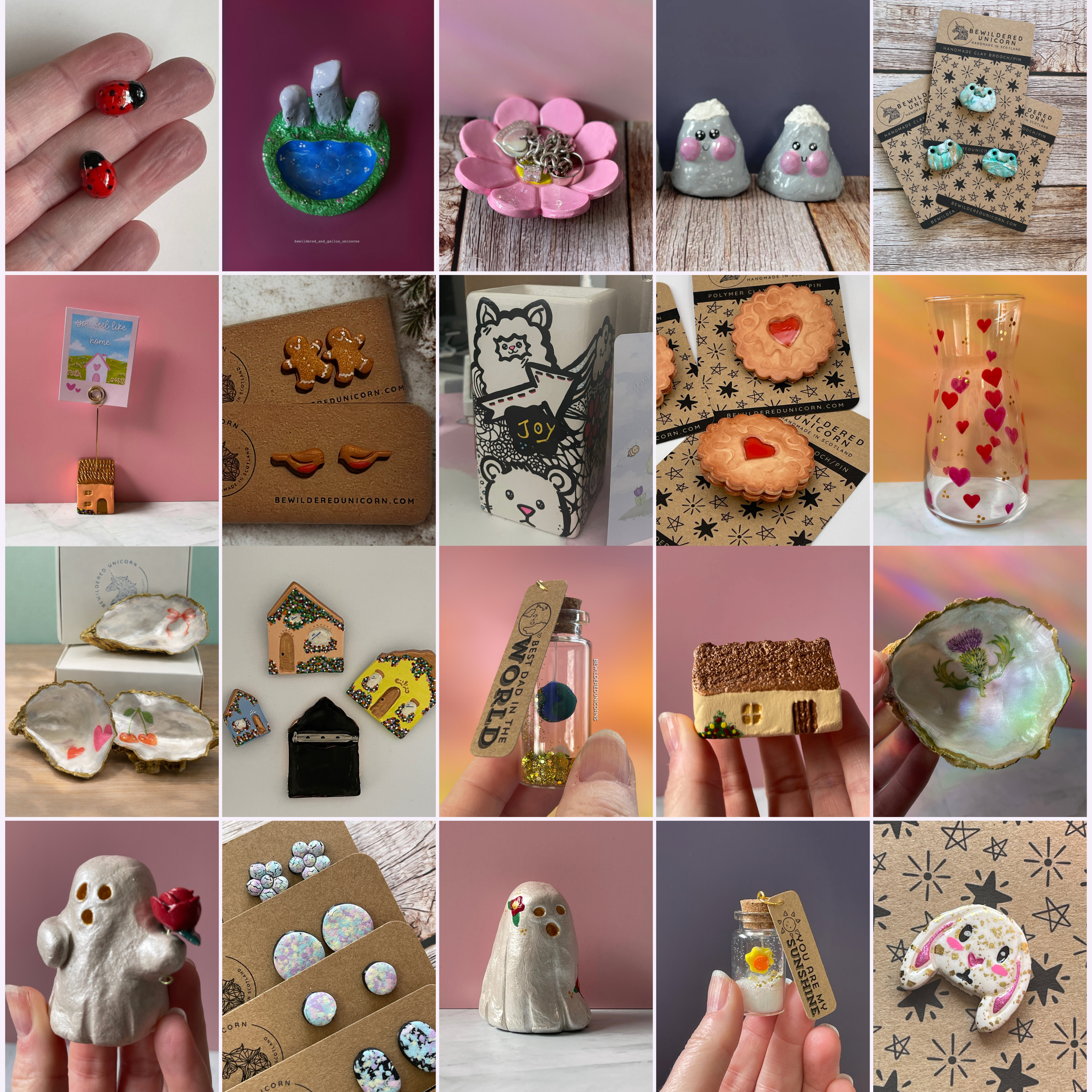 A collage of various crafts and handmade items, including ceramic figurines, jewelry, decorated cookies, and small decorations displayed on different backgrounds.