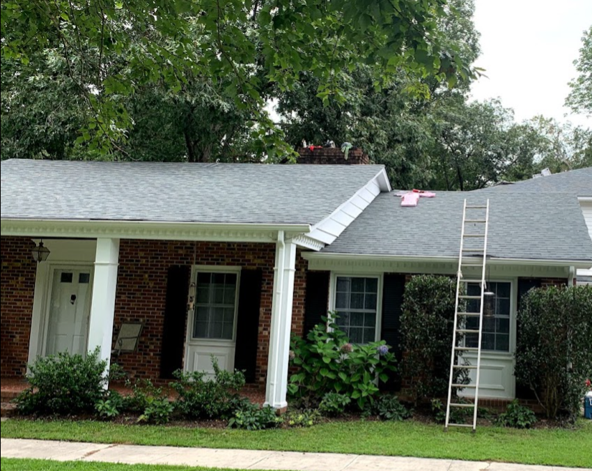 Front view of a brick house with a lawn, bushes, and trees in the background, a ladder leaning against the roof, and a chimney on top.