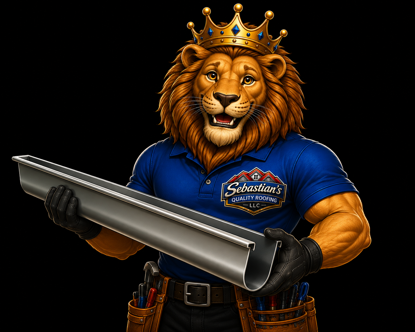 A muscular lion with a mane, wearing a blue shirt with a logo that says 'Sebastian's Quality Roofing LLC', a gold crown, black gloves, and a tool belt, holding a metal roofing panel.