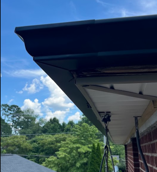 Close-up of the edge of a house roof overhang, with a clear blue sky and trees in the background.