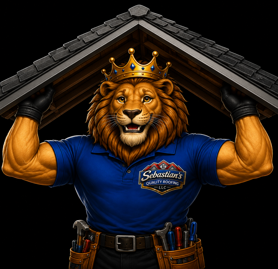 A muscular lion with a golden mane wearing a blue polo shirt and a gold crown, holding a roof section. The shirt has a logo for Sebastian's Quality Roofing. The lion has tools in his tool belt.