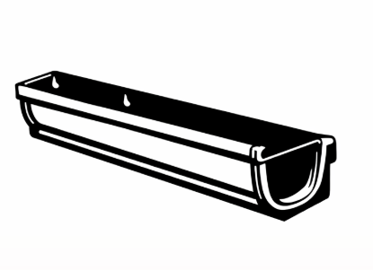 A black and white drawing of a rectangular metal gutter with mounting holes.