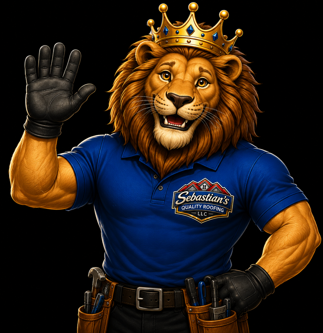 A cartoon lion dressed as a roofer, wearing a blue shirt with a Sebastian's Quality Roofing LLC logo, a crown, black gloves, and a tool belt with tools, waving.