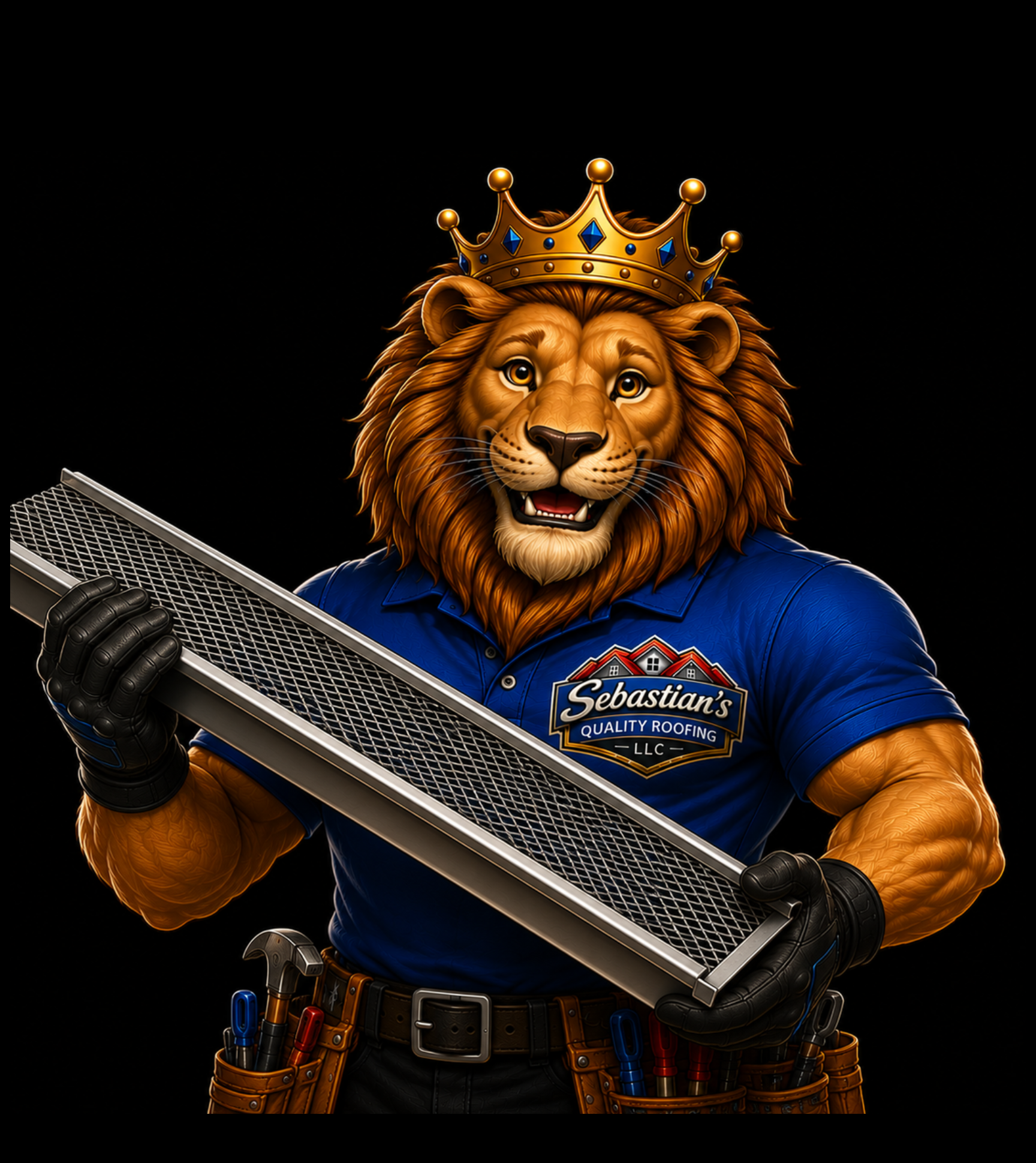 A person with a lion's head wearing a blue shirt and a golden crown, holding a metal grate, with tools in a tool belt, against a black background.