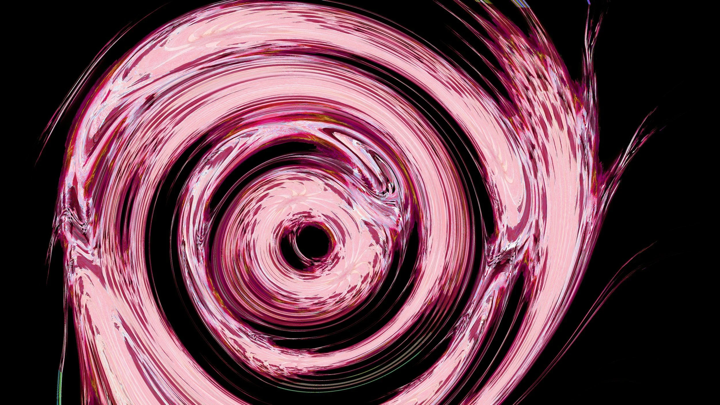 A striking pink and black abstract vortex swirl, conceptually representing fluid dynamics and biometric signaling channels.