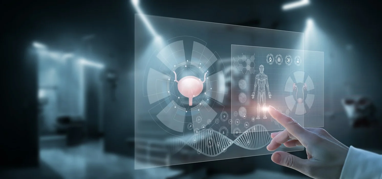 A futuristic holographic interface showing digital health intelligence data, anatomical graphics, and biometric tracking overlays.