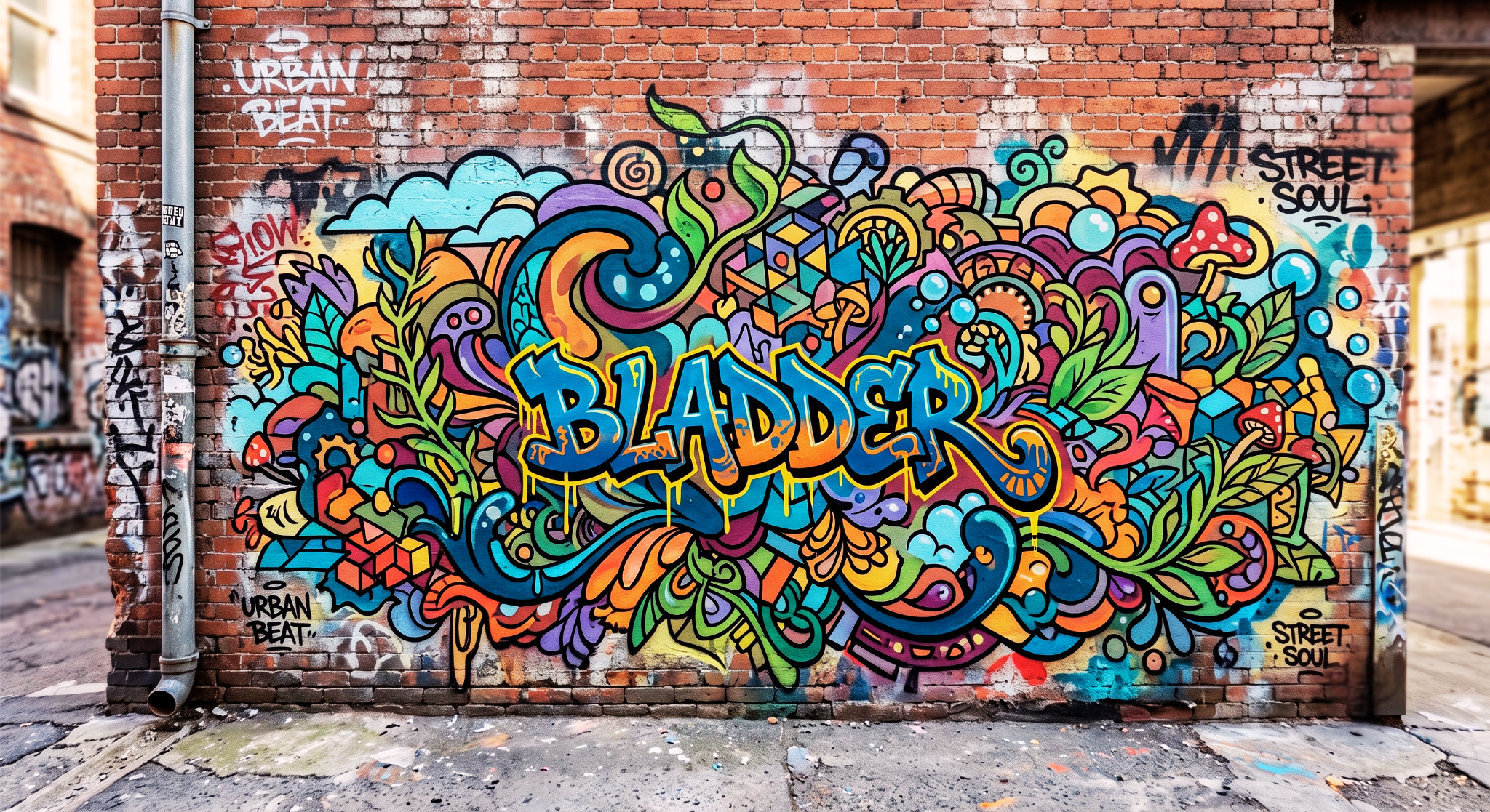 A vibrant, colorful brick wall with stylized graffiti street art spelling the word Bladder, symbolizing a creative change in the modern health narrative.