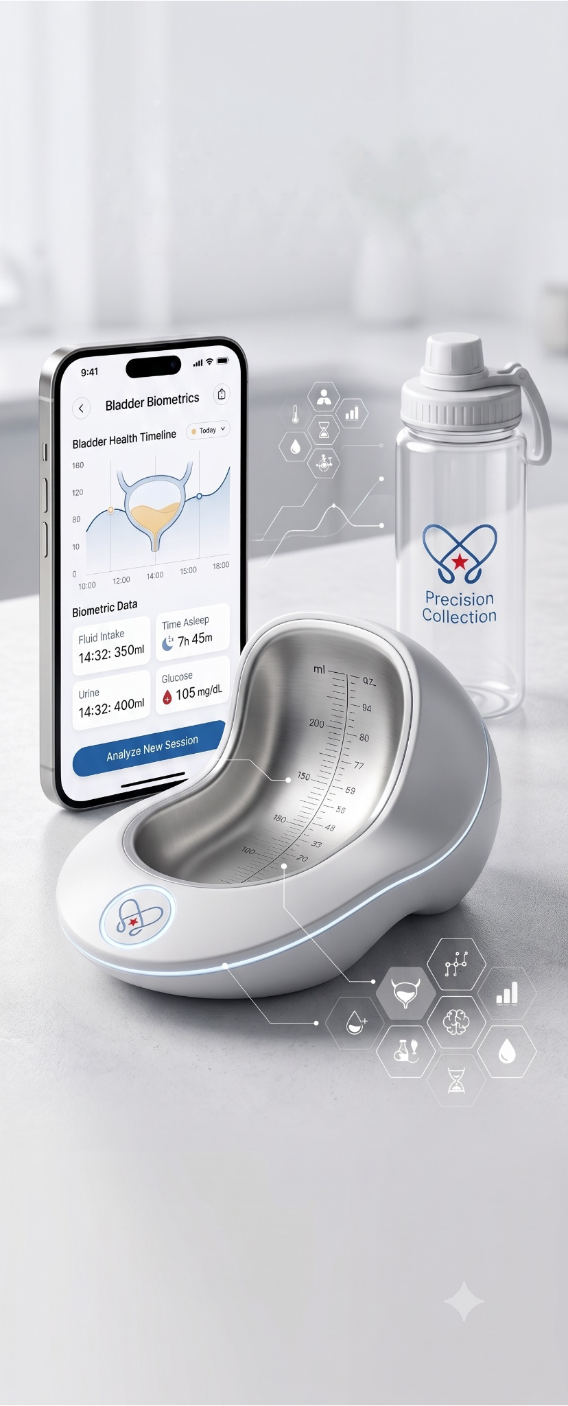 A high-tech product mock-up showing a mobile biometrics tracking app interface alongside a custom Precision Collection fluid volume measurement bottle.