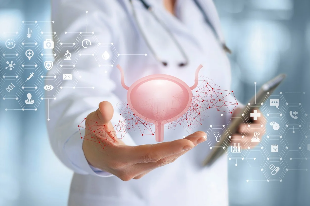 A medical professional holding a glowing digital model of a bladder, symbolizing biometric tracking and advanced health intelligence.