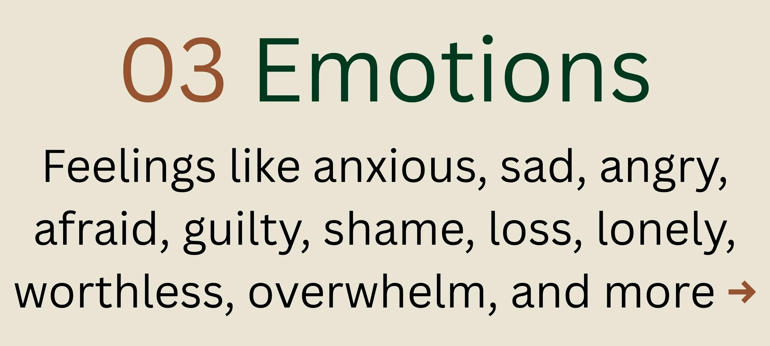 Emotions: Feelings such as anxious, sad, angry, afraid, guilty, shame, loss, lonely, and helpless