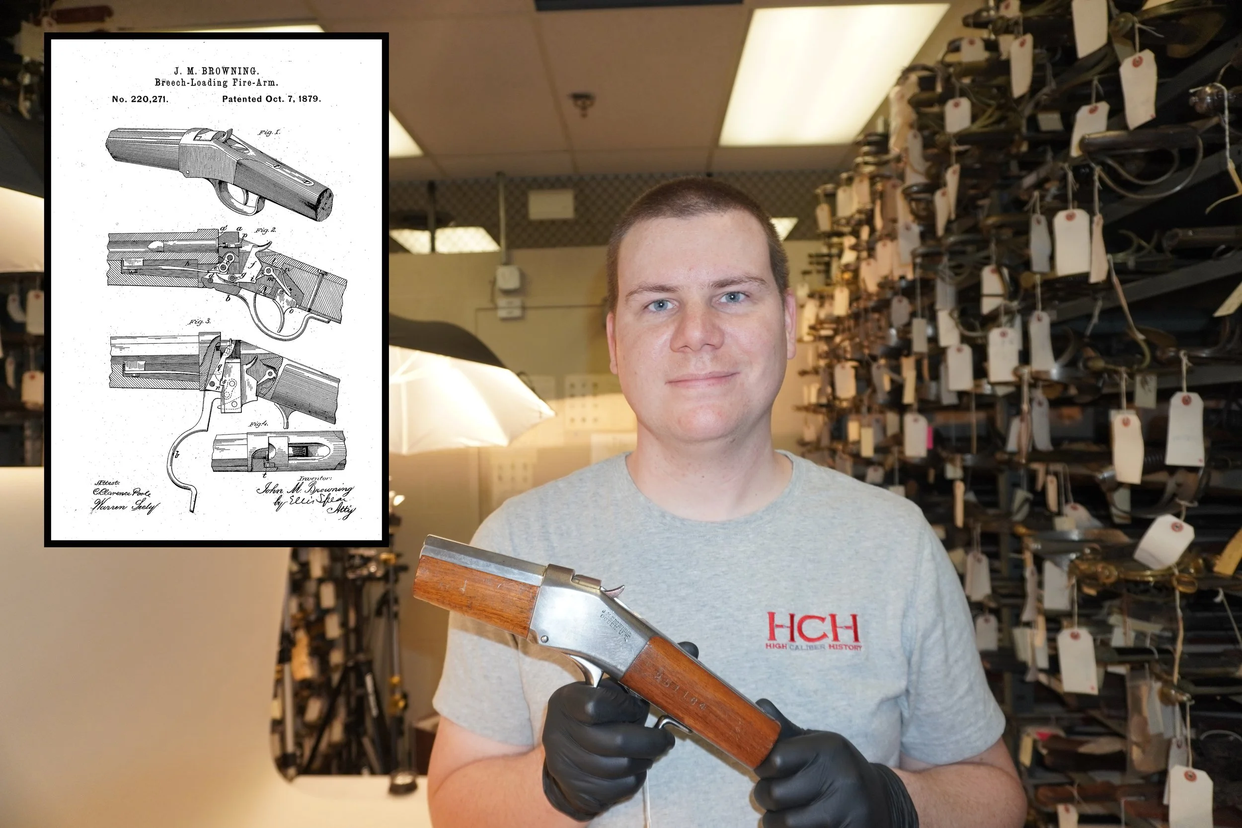 Logan Metesh holding John Moses Browning's original patent model at the Smithsonian.