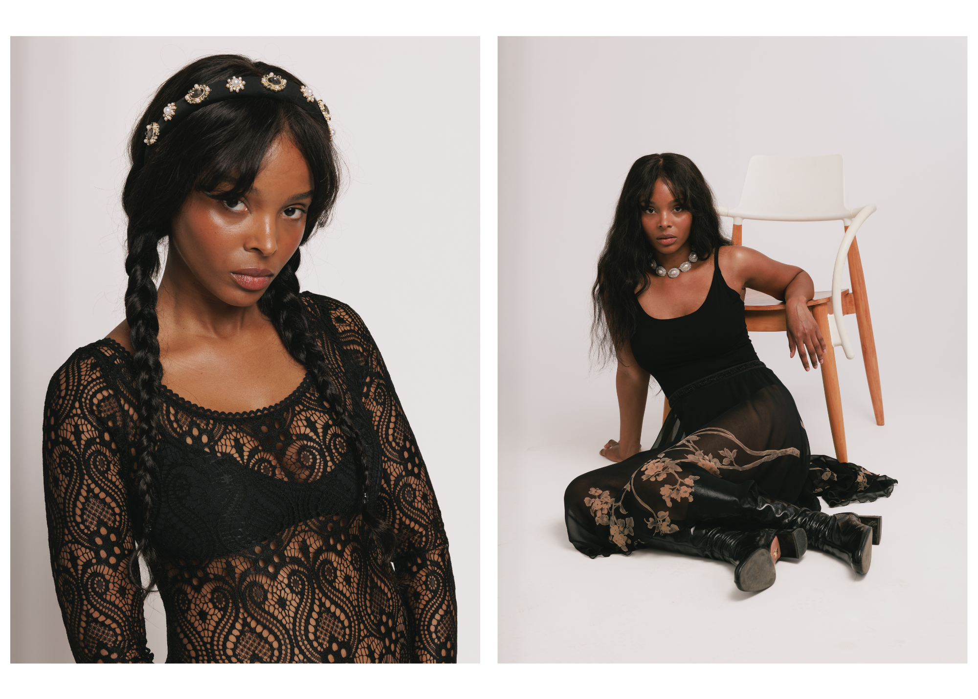 Two fashion models dressed in black, posing against a light background, featuring a black lace top, floral dress, and statement accessories.