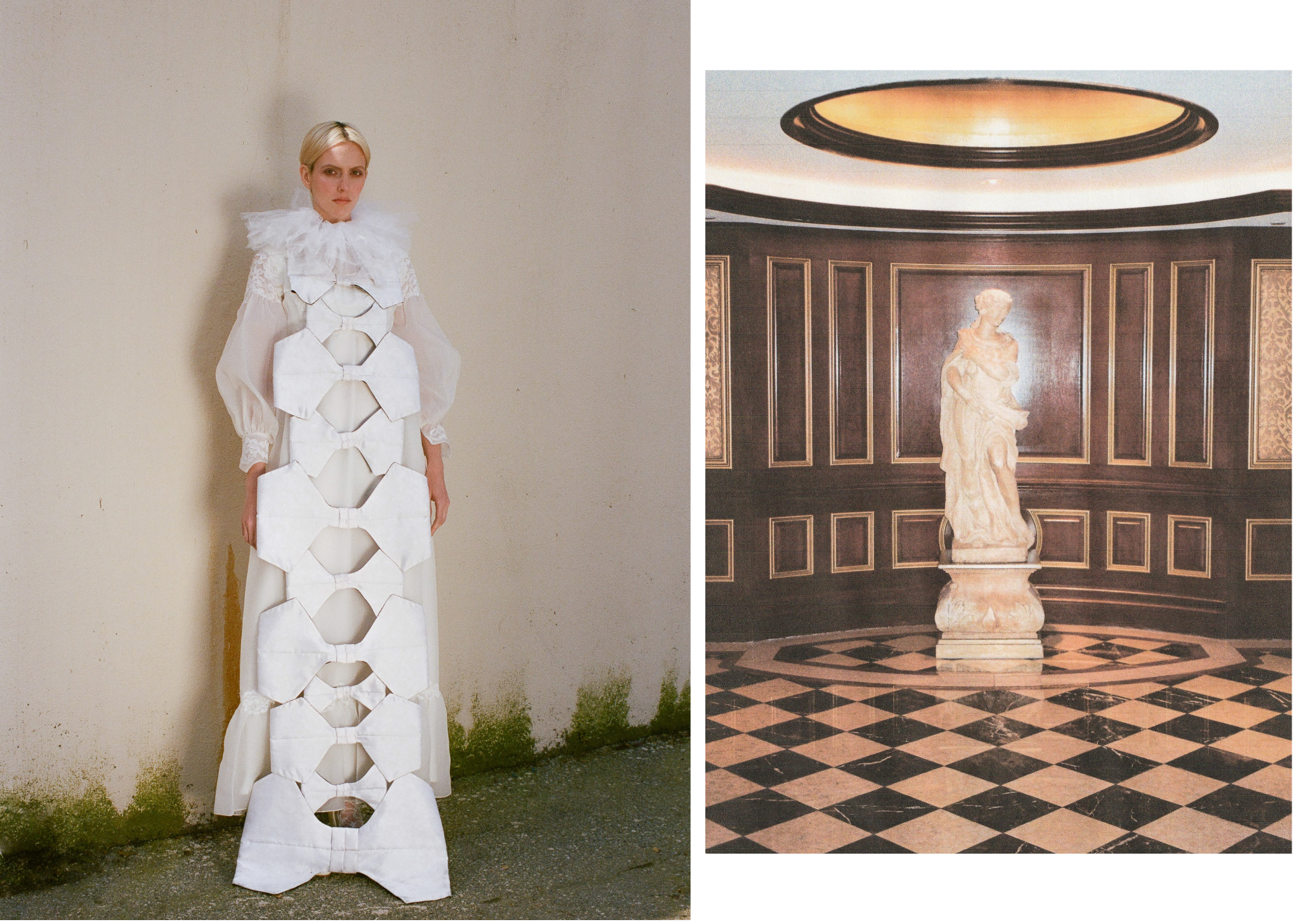 Fashion model wearing a white tiered dress with a ruffled collar and lace accents, standing beside a classical marble statue in an ornate interior with wood paneling and a black-and-white checkered floor.