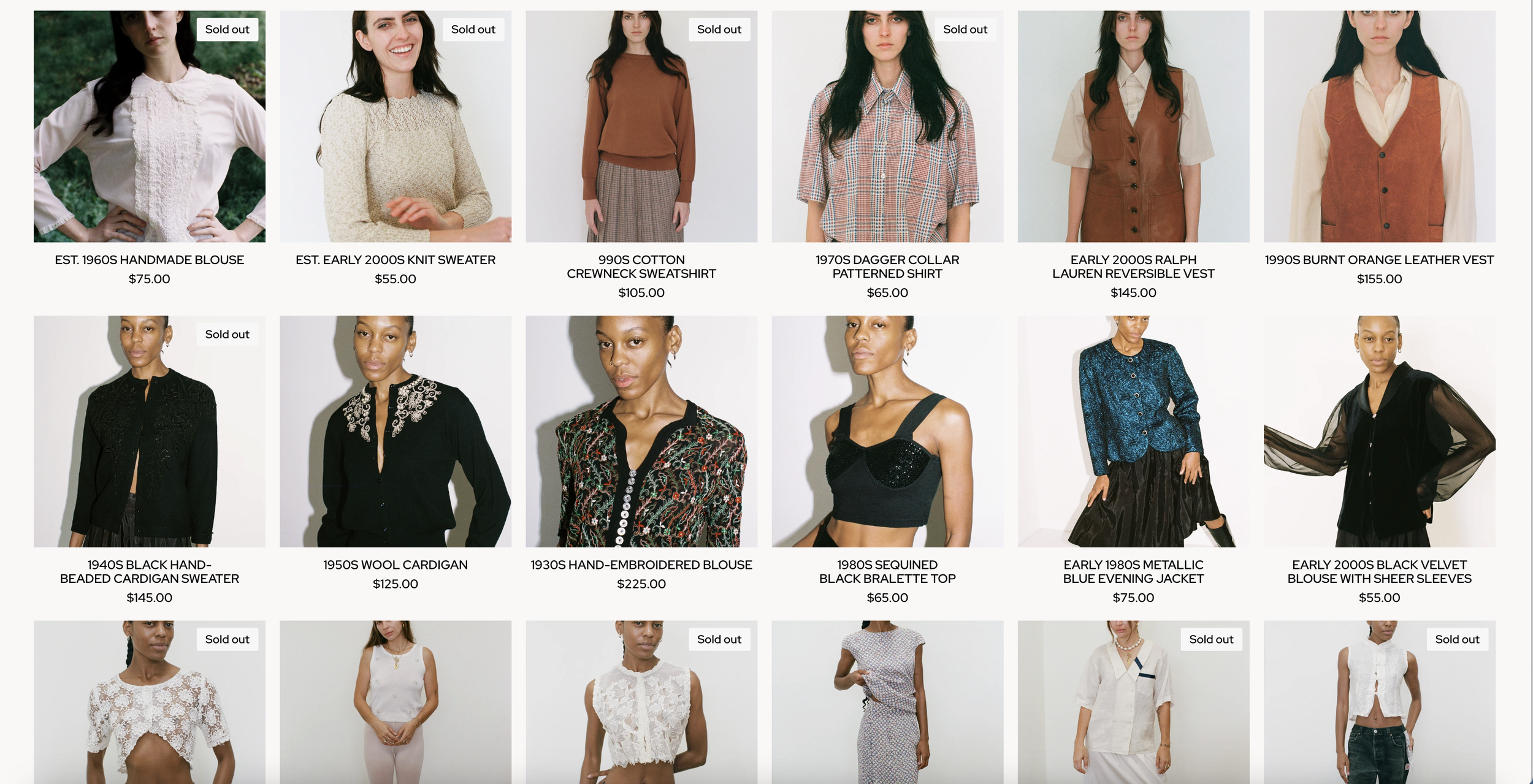 Collection of vintage fashion items including blouses, sweaters, shirts, jackets, and dresses displayed on models.
