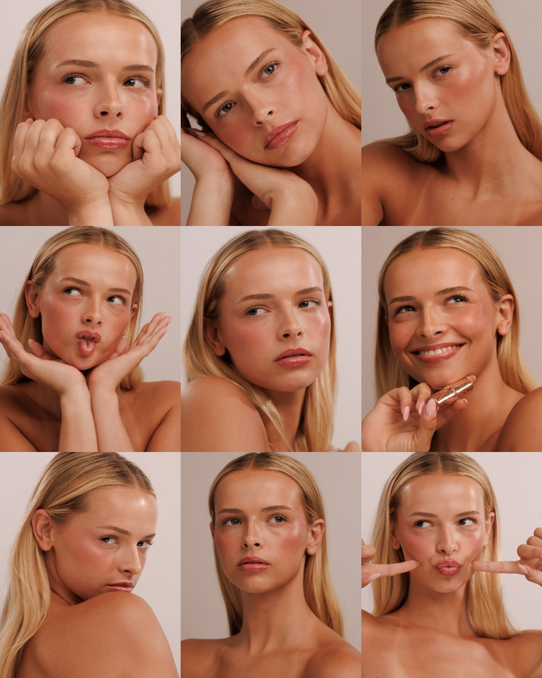 Collage of nine portraits of a fashion model with blonde hair, featuring a variety of facial expressions and playful poses.
