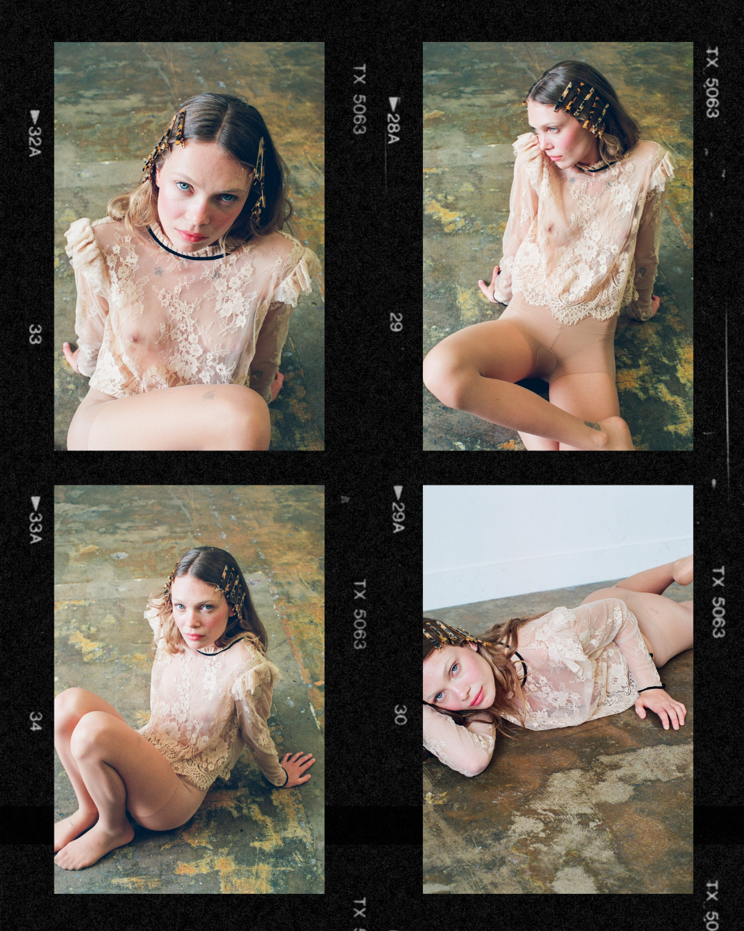 Collage of a fashion model with wavy hair wearing a sheer lace blouse, posing on a concrete floor in a variety of seated and reclining poses.
