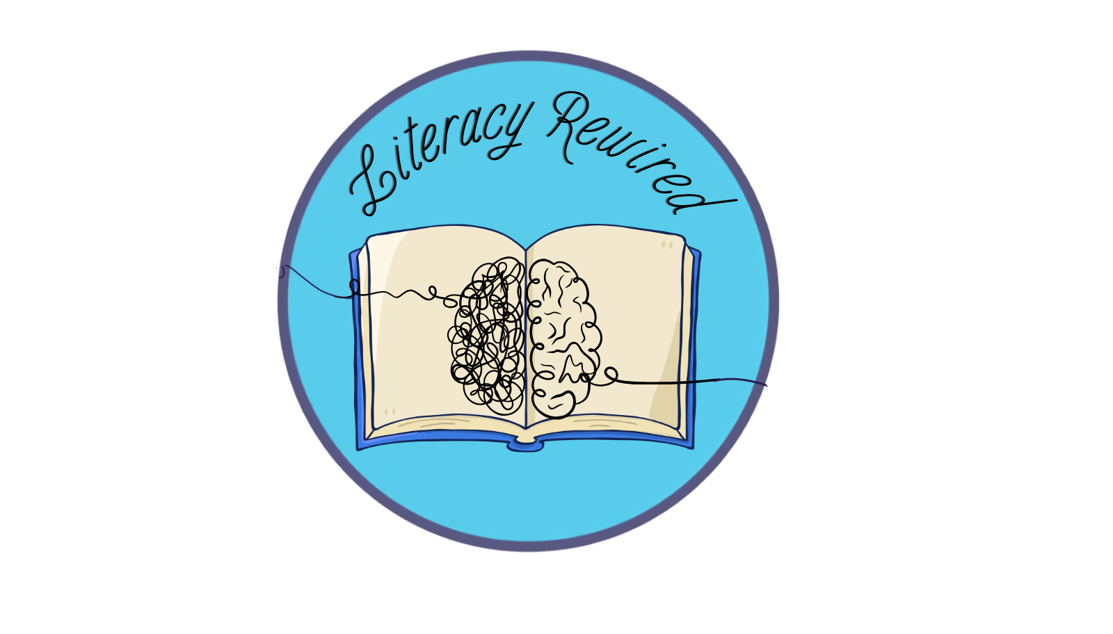 A badge with a blue background that features an open book with a tangled line on the left side representing a cluttered brain and a neat line on the right side representing a clear brain. The words "Literacy Rewired" are written in cursive at the top.
