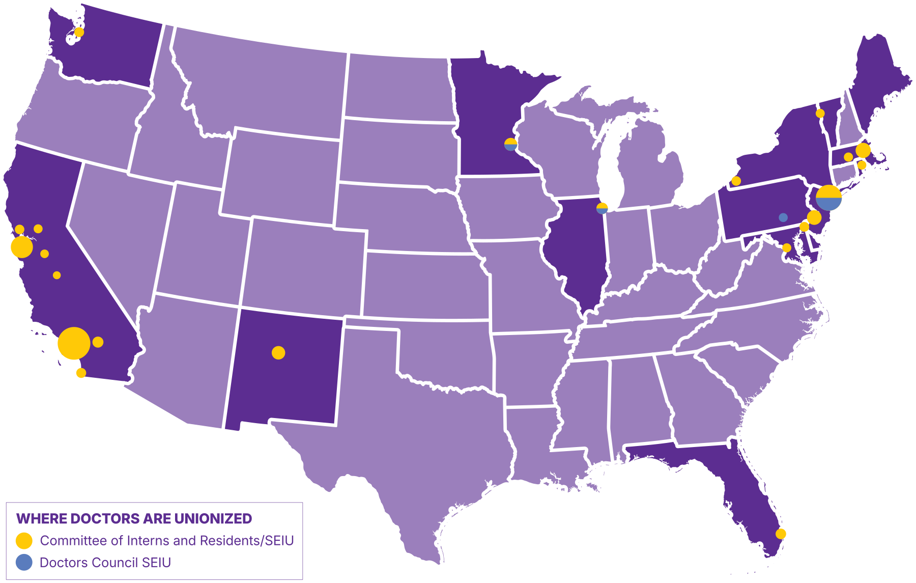 Map showing where SEIU doctors are unionized across the United States