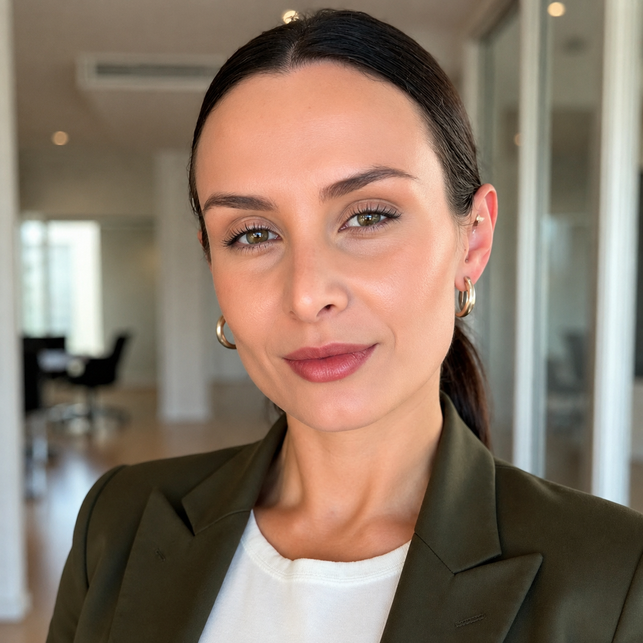 A woman with dark brown hair and green eyes, wearing gold hoop earrings and a dark green blazer, smiling in a modern office setting.